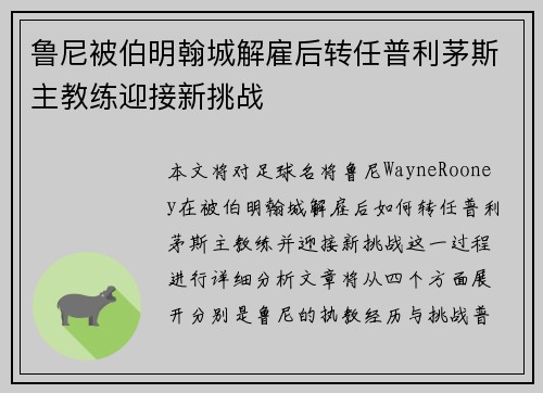 鲁尼被伯明翰城解雇后转任普利茅斯主教练迎接新挑战