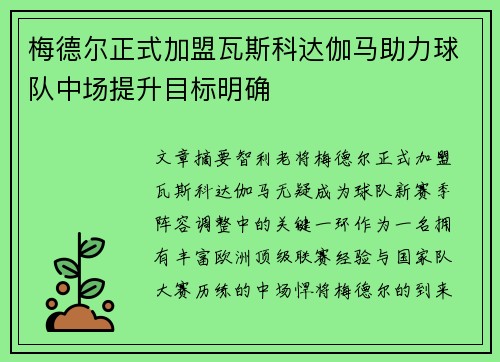梅德尔正式加盟瓦斯科达伽马助力球队中场提升目标明确