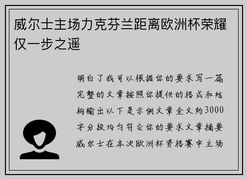 威尔士主场力克芬兰距离欧洲杯荣耀仅一步之遥
